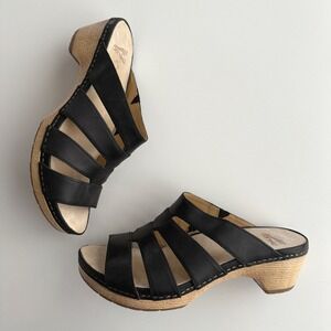 Dansko Lyndi Oiled Cage Strap Black Leather Slip On Comfort Clogs EU 39 US 8 8.5